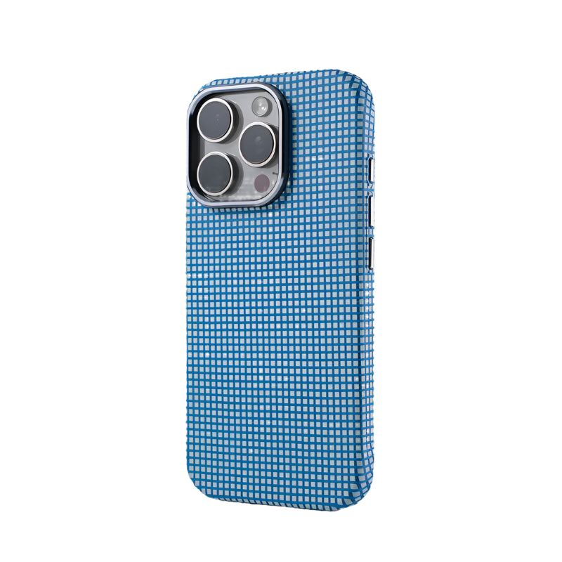 Blue checkered phone case on a gray background