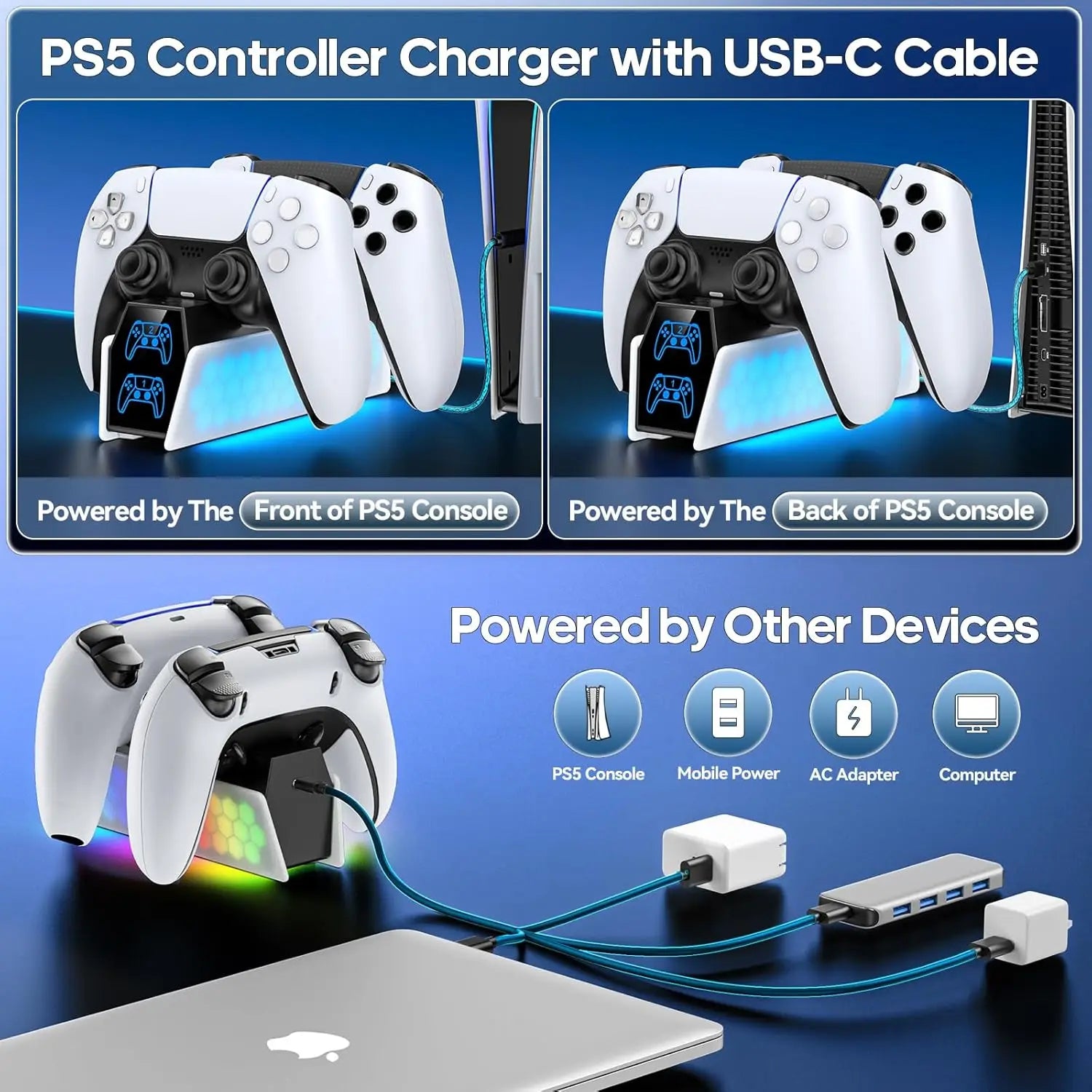 DualSense & DualSense Edge Compatible PS5 Controller Charger Station with LED Status Lights