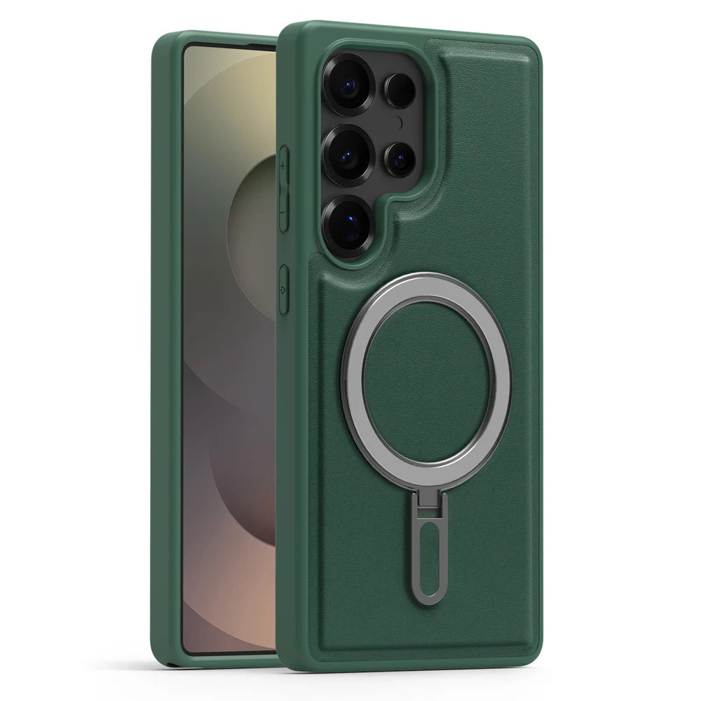 PU Leather & Silicone Ring Stand Magnetic Case for Samsung Galaxy S25 Series