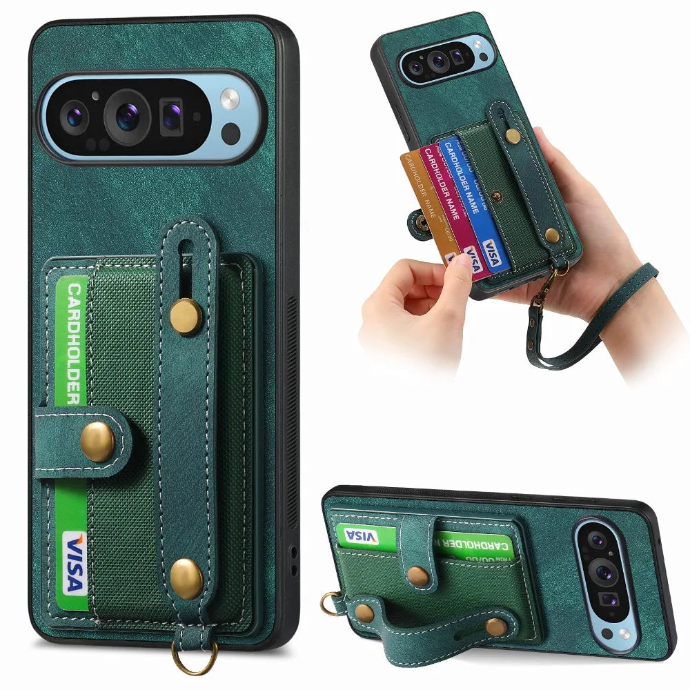 Retro PU Leather Wrist Strap Wallet Case for Google Pixel 9 Series