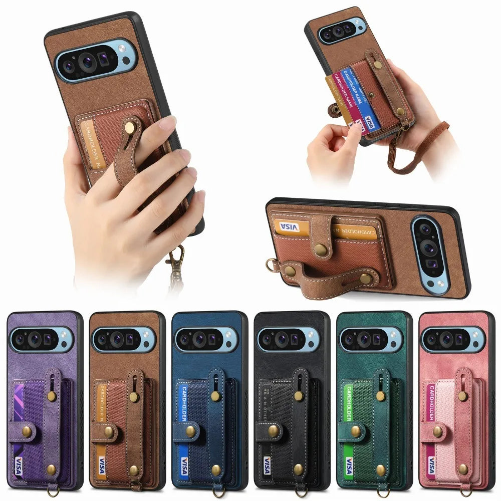 Retro PU Leather Wrist Strap Wallet Case for Google Pixel 9 Series