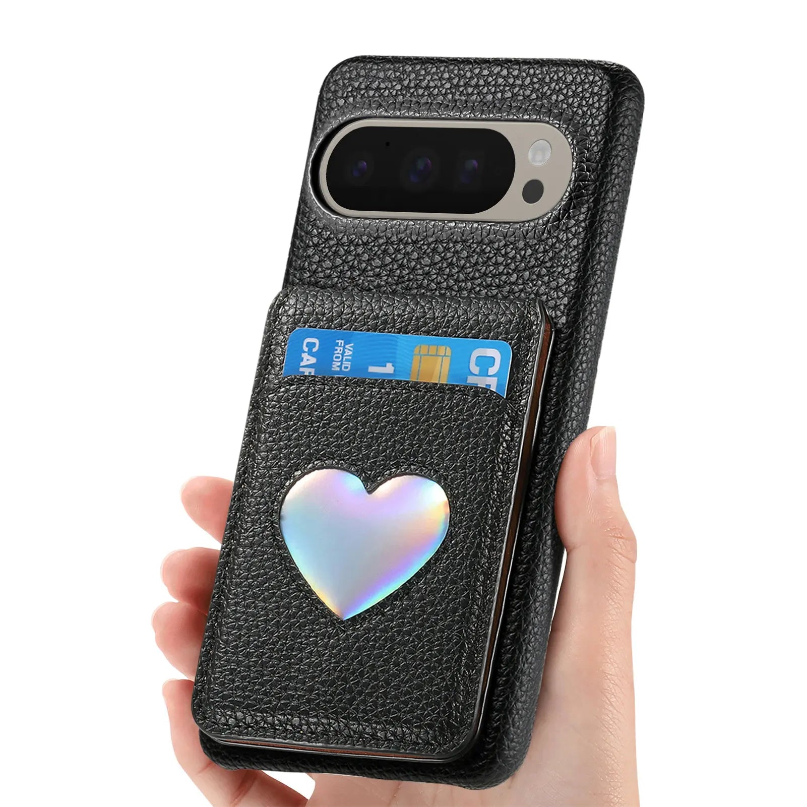 RFID Blocking Wallet Case with Makeup Mirror & Heart Design for Google Pixel 9 Series