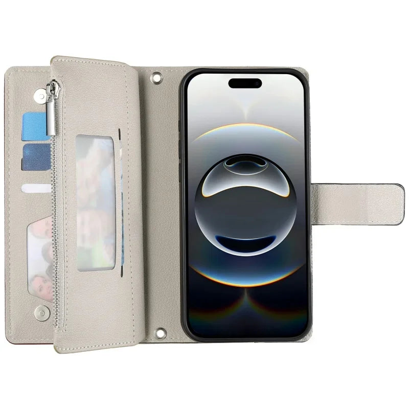 Leather Flip Crossbody Case with Multi-Card Zipper Wallet & Lanyard for iPhone 15 Series