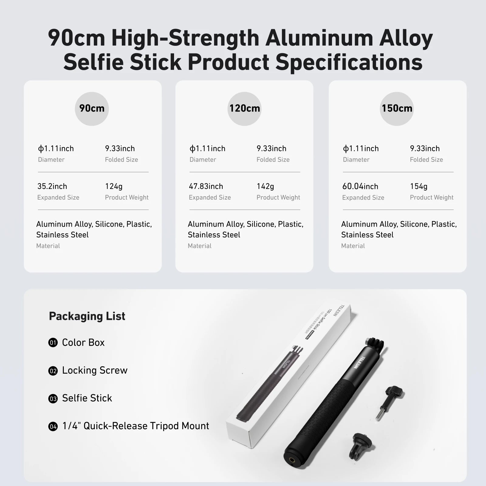 TELESIN Portable Aluminum Selfie Stick Tripod for Action Cameras