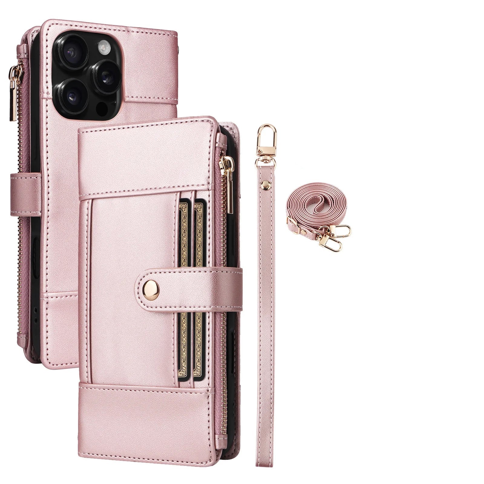 Crossbody Lanyard Wallet Case with Zipper & Card Holder for iPhone 16 Series