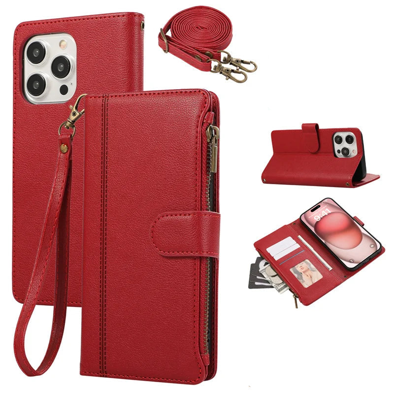 Leather Crossbody Wallet Case with Card Holder & Wrist Strap for iPhone 15 Series