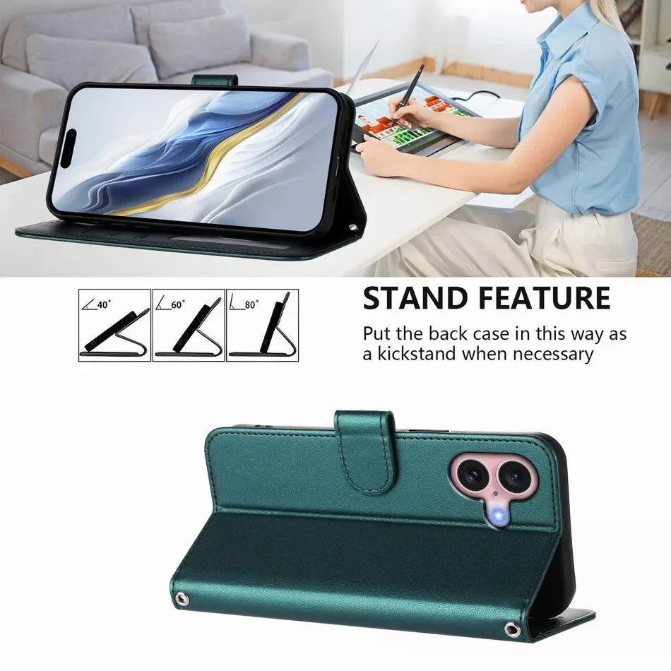 iPhone 16 Series Book-Style Leather Case with Wallet Function