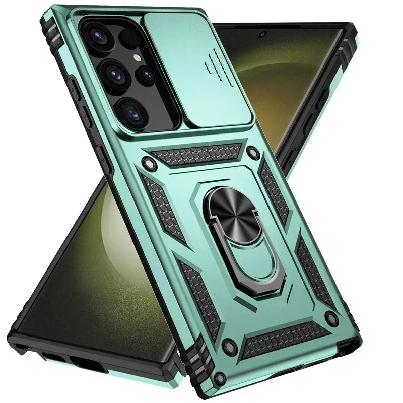 Military Grade Slide Camera Lens Armor Case with Ring Stand for Samsung Galaxy S25 Series