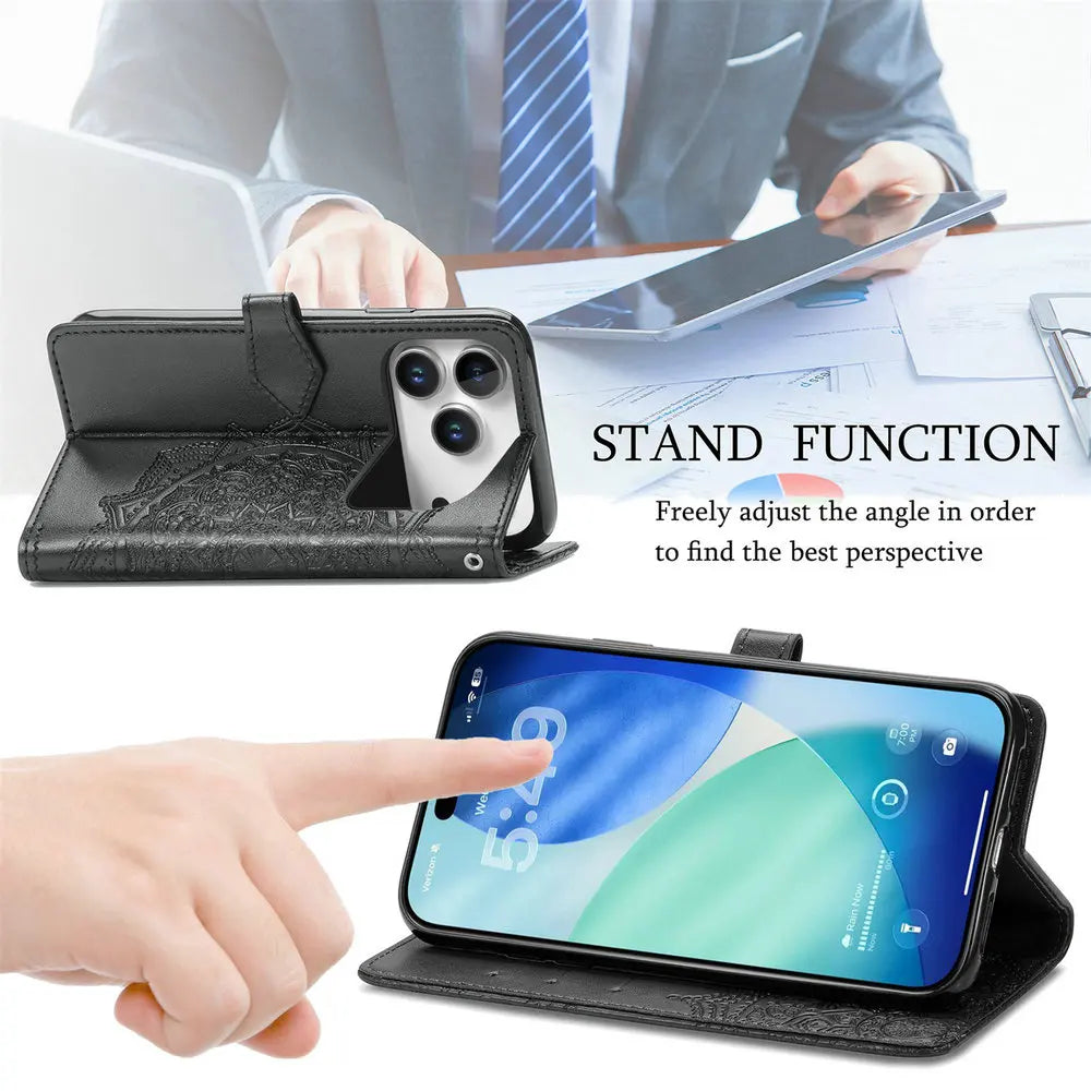 Premium Leather 3D Engraved Flip Wallet Case for iPhone 17 Series