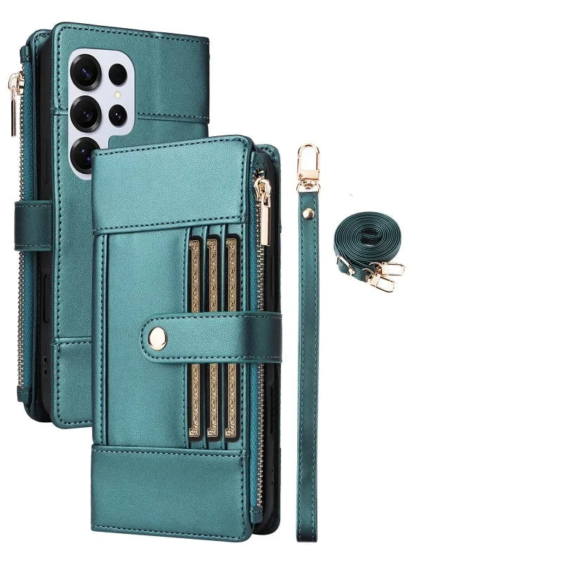 Samsung Galaxy S25 Series Leather Phone Case with Crossbody Strap and Zipper Wallet