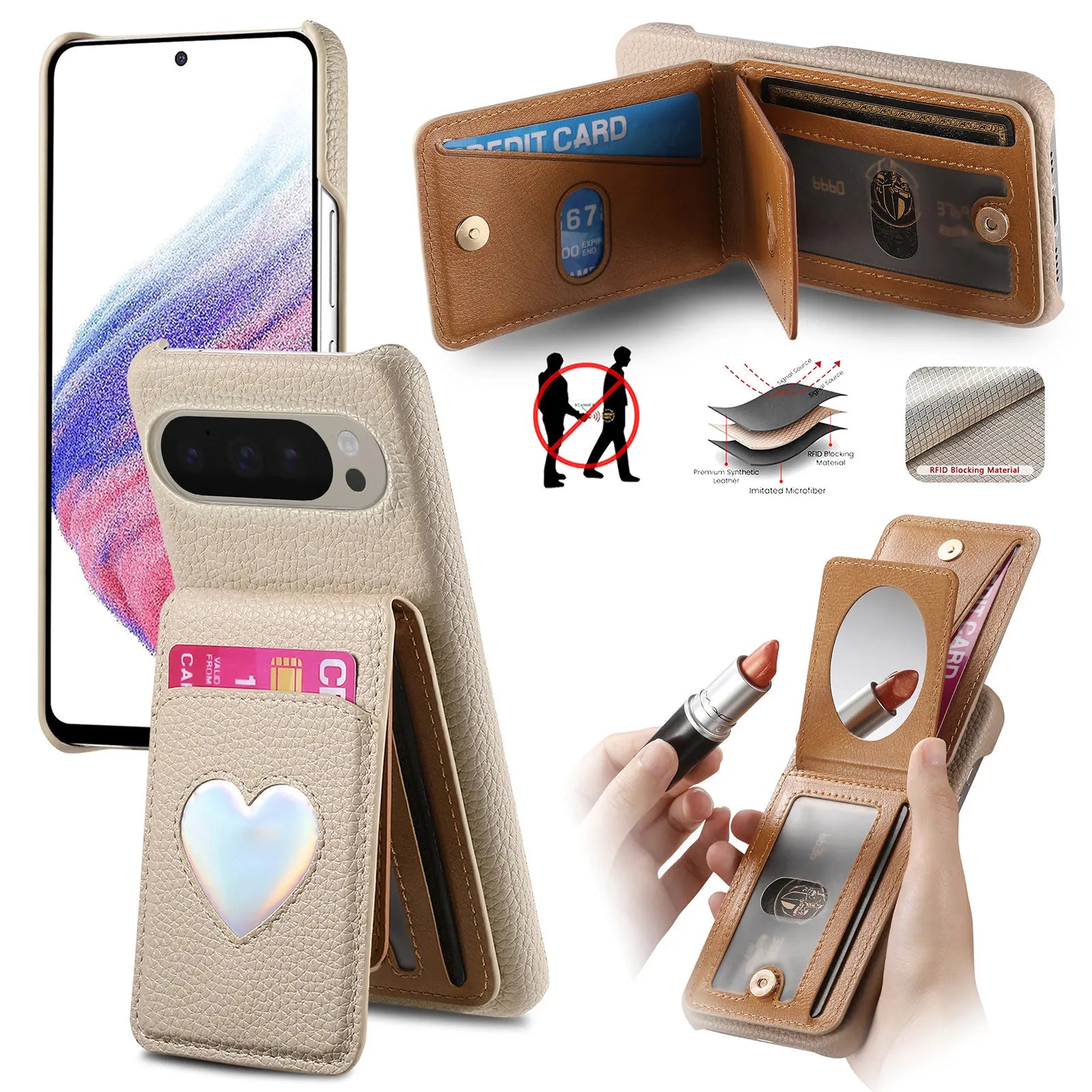 RFID Blocking Wallet Case with Makeup Mirror & Heart Design for Google Pixel 9 Series