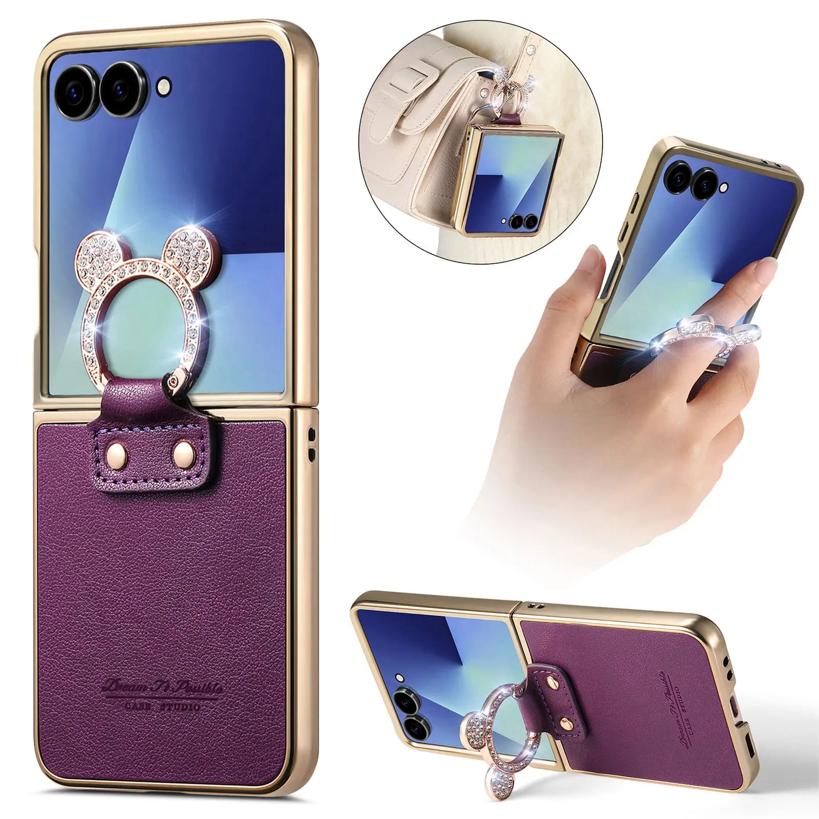 Luxury Leather Case with Rhinestone Ring Holder for Samsung Galaxy Z Flip 7