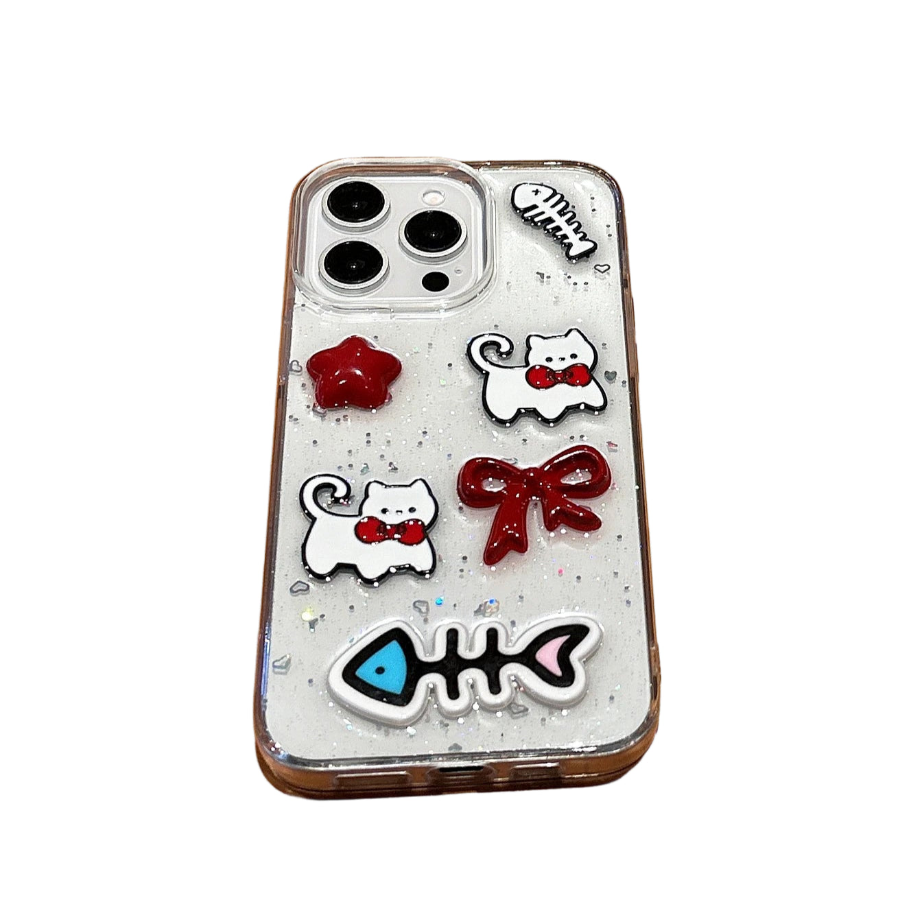 Glittery 3D Cats & Fishbones Clear Cute Phone Case for iPhone 16 Series