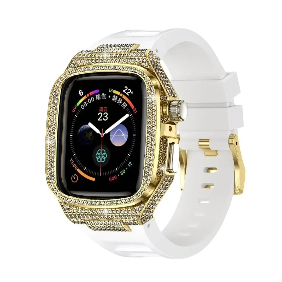 Diamond-Encrusted Stainless Steel Case with Rubber Strap for Apple Watch