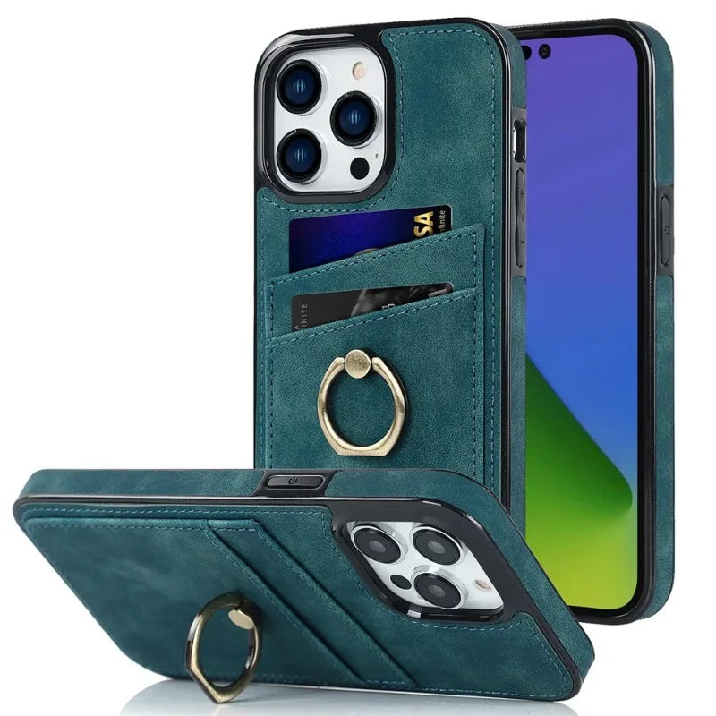 Shockproof Retro PU Leather Case with Ring & Card Slots for iPhone 16 Series