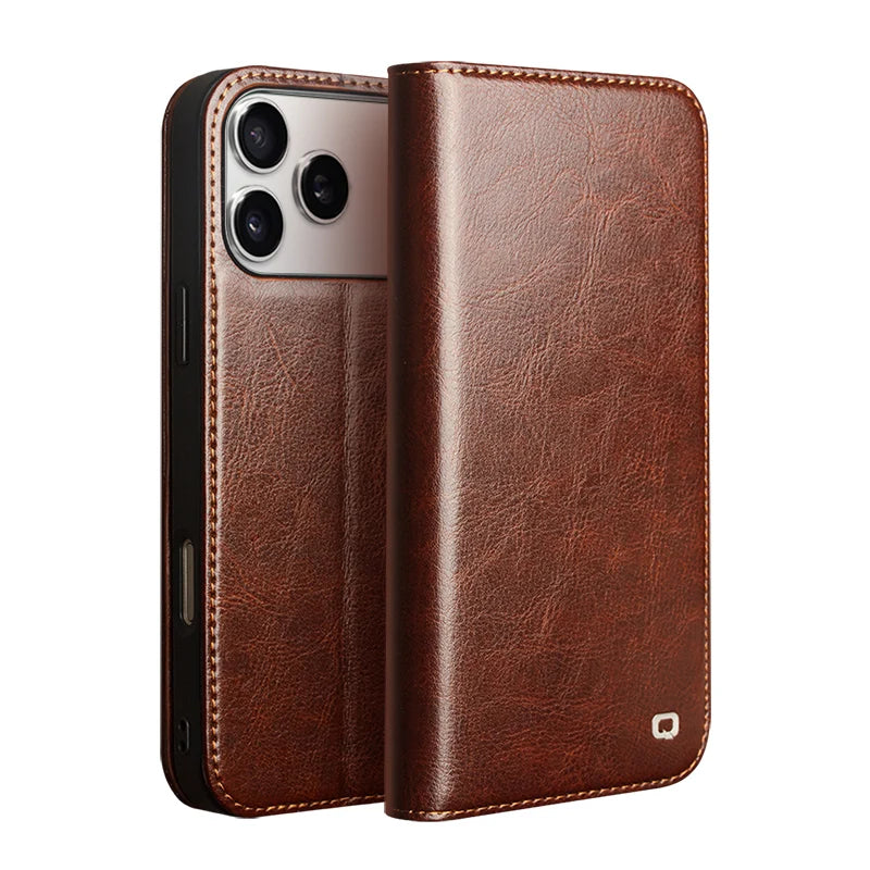 Premium Genuine Leather Flip Case with Kickstand for iPhone 17 Series