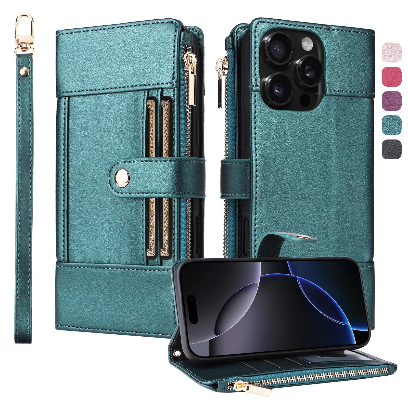 Crossbody Lanyard Wallet Case with Zipper & Card Holder for iPhone 15 Series