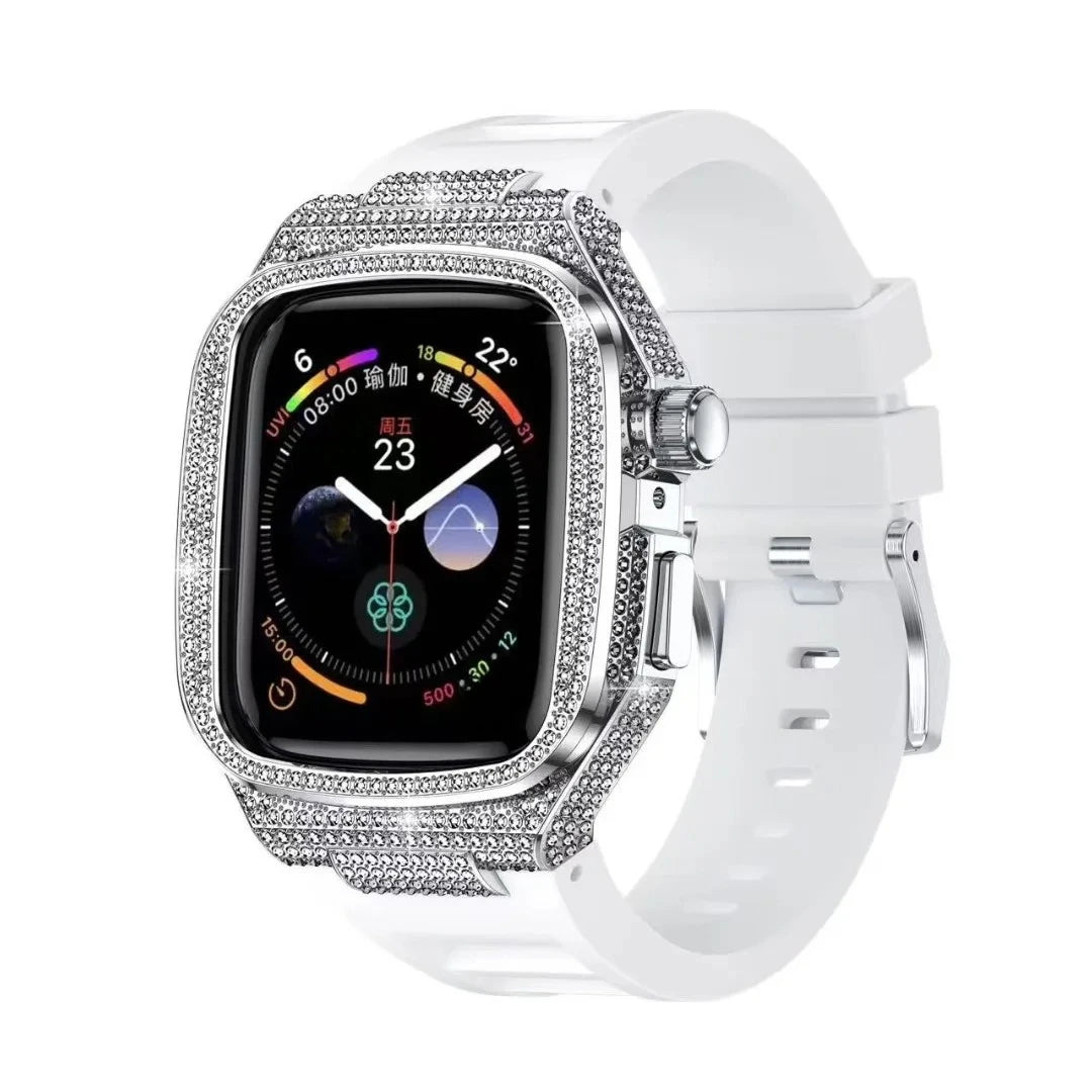 Diamond-Encrusted Stainless Steel Case with Rubber Strap for Apple Watch
