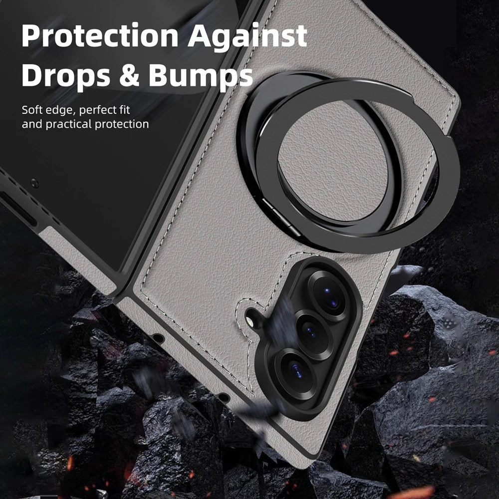 Samsung Galaxy Z Fold 7 Premium Leather Magnetic Case with Ring Stand