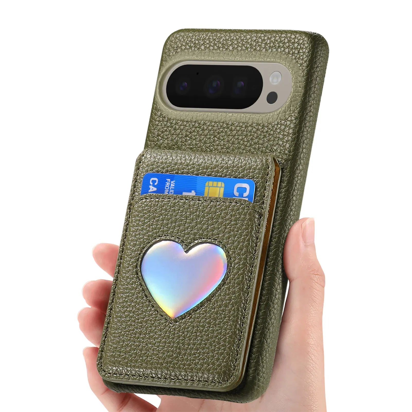 RFID Blocking Wallet Case with Makeup Mirror & Heart Design for Google Pixel 9 Series