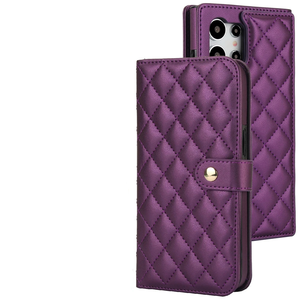 Purple quilted phone case with strap and card slots on a white background