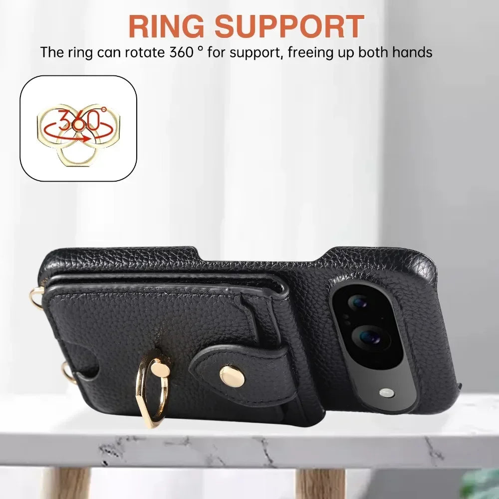 Crossbody Leather Wallet Phone Case with Ring Stand & Card Holder for Google Pixel 9 Series