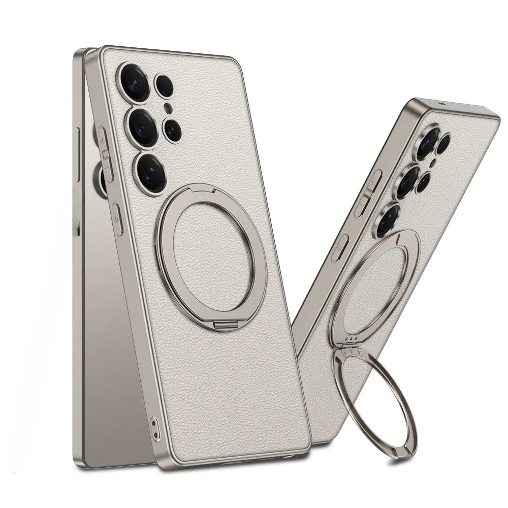 Electroplate Leather Shockproof Magnetic Case with Rotating Ring Bracket for Samsung Galaxy S25 Ultra