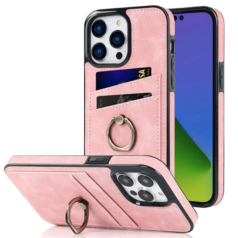 Shockproof Retro PU Leather Case with Ring & Card Slots for iPhone 16 Series