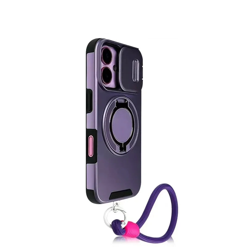 iPhone 16 Series Protective Case with Ring Holder & Wrist Strap