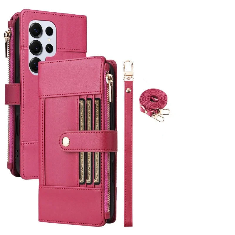 Samsung Galaxy S25 Series Leather Phone Case with Crossbody Strap and Zipper Wallet