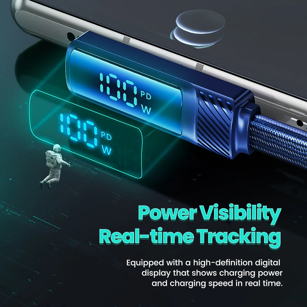 Toocki 5A USB-C PD 100W Fast Charging Cable with 90° Elbow and Digital Display