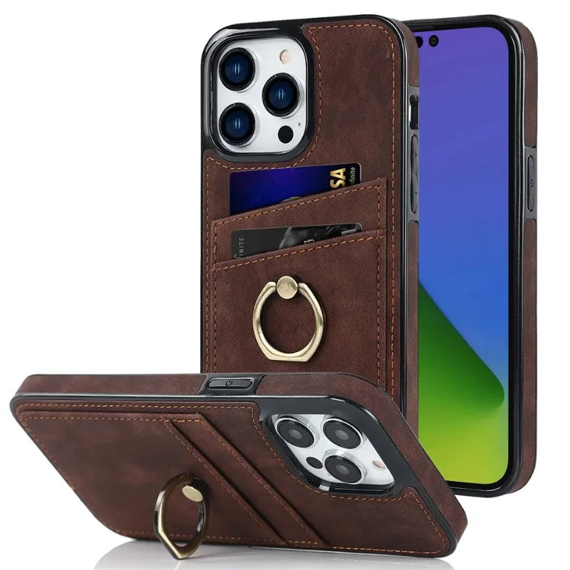 Shockproof Retro PU Leather Case with Ring & Card Slots for iPhone 16 Series
