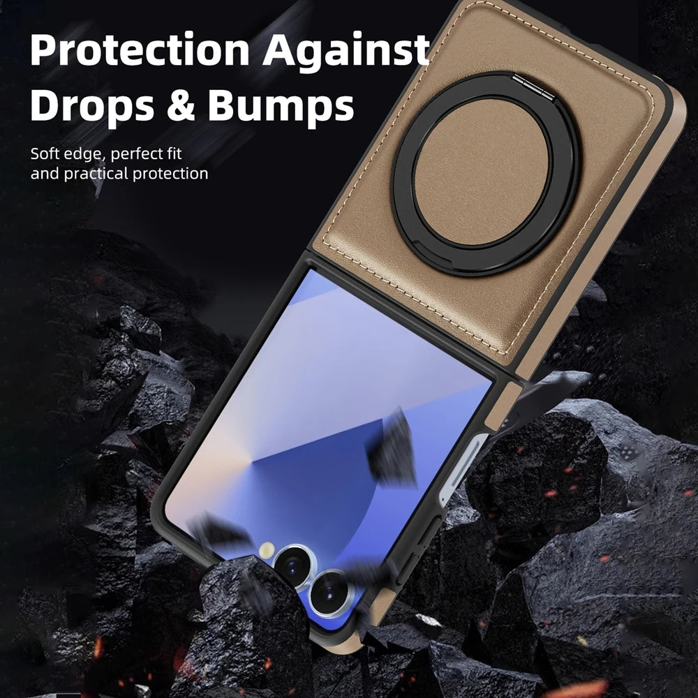 Samsung Galaxy Z Flip 7 Premium Leather Magnetic Case with Ring Holder