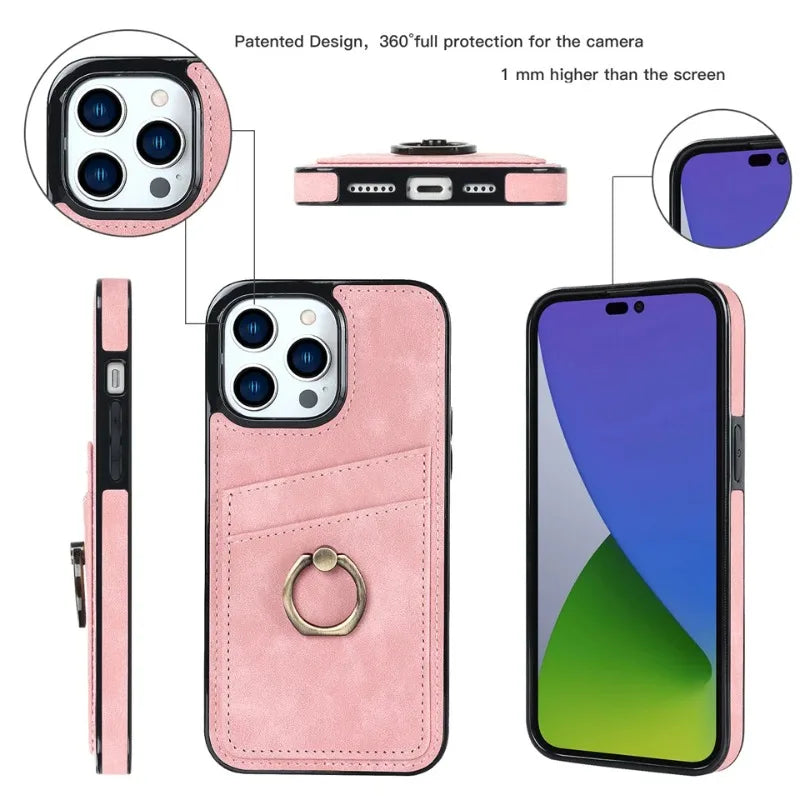 Shockproof Retro PU Leather Case with Ring & Card Slots for iPhone 16 Series
