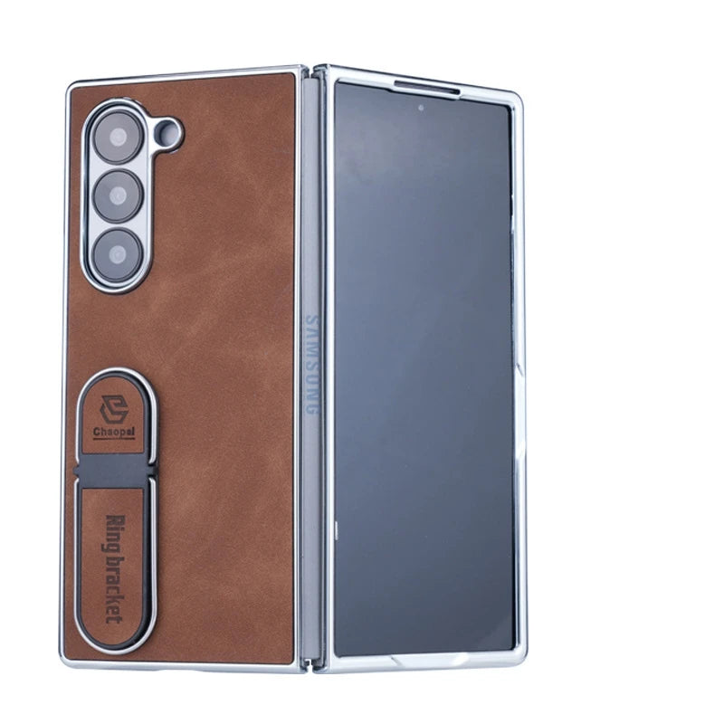 Seismic PC Shell Leather Textured Plating Case with Fingertip Holder for Samsung Galaxy Z Fold 6