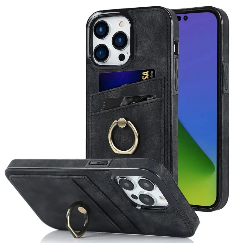 Shockproof Retro PU Leather Case with Ring & Card Slots for iPhone 16 Series