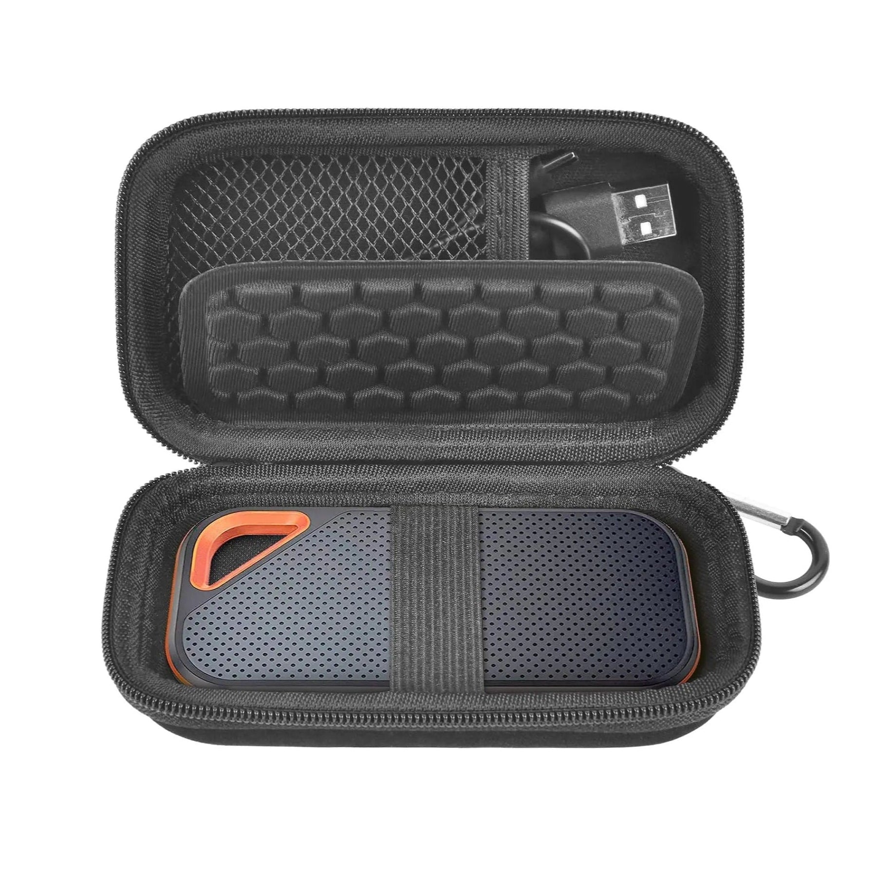 Black hard-shell carrying case with USB drive and orange tool on a white background