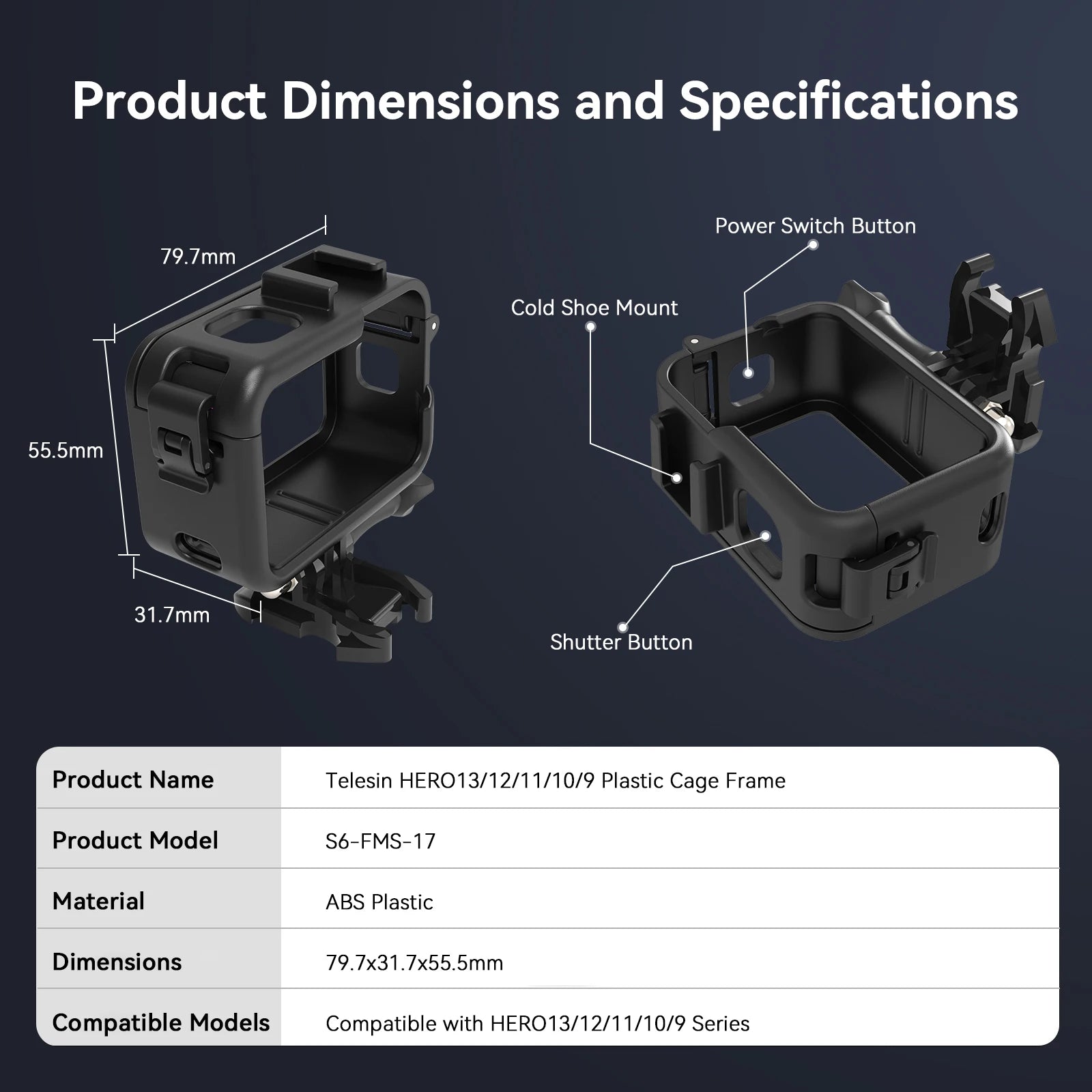 TELESIN Frame Housing Case with Battery Side Cover Hole for GoPro Hero Action Cameras