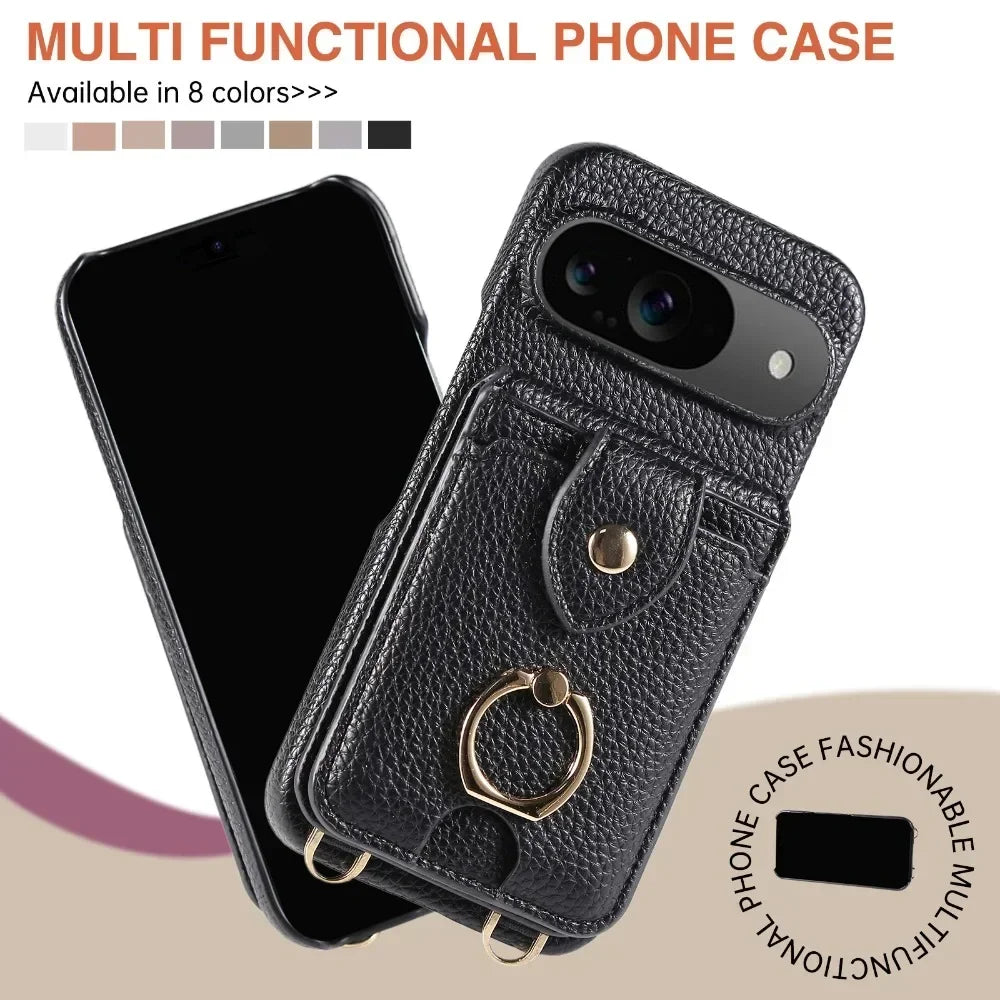 Crossbody Leather Wallet Phone Case with Ring Stand & Card Holder for Google Pixel 9 Series
