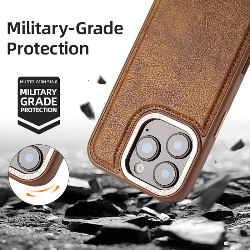 Luxury PU Leather Magsafe Phone Case with Reinforced Metal Camera Frame for iPhone 16 Series