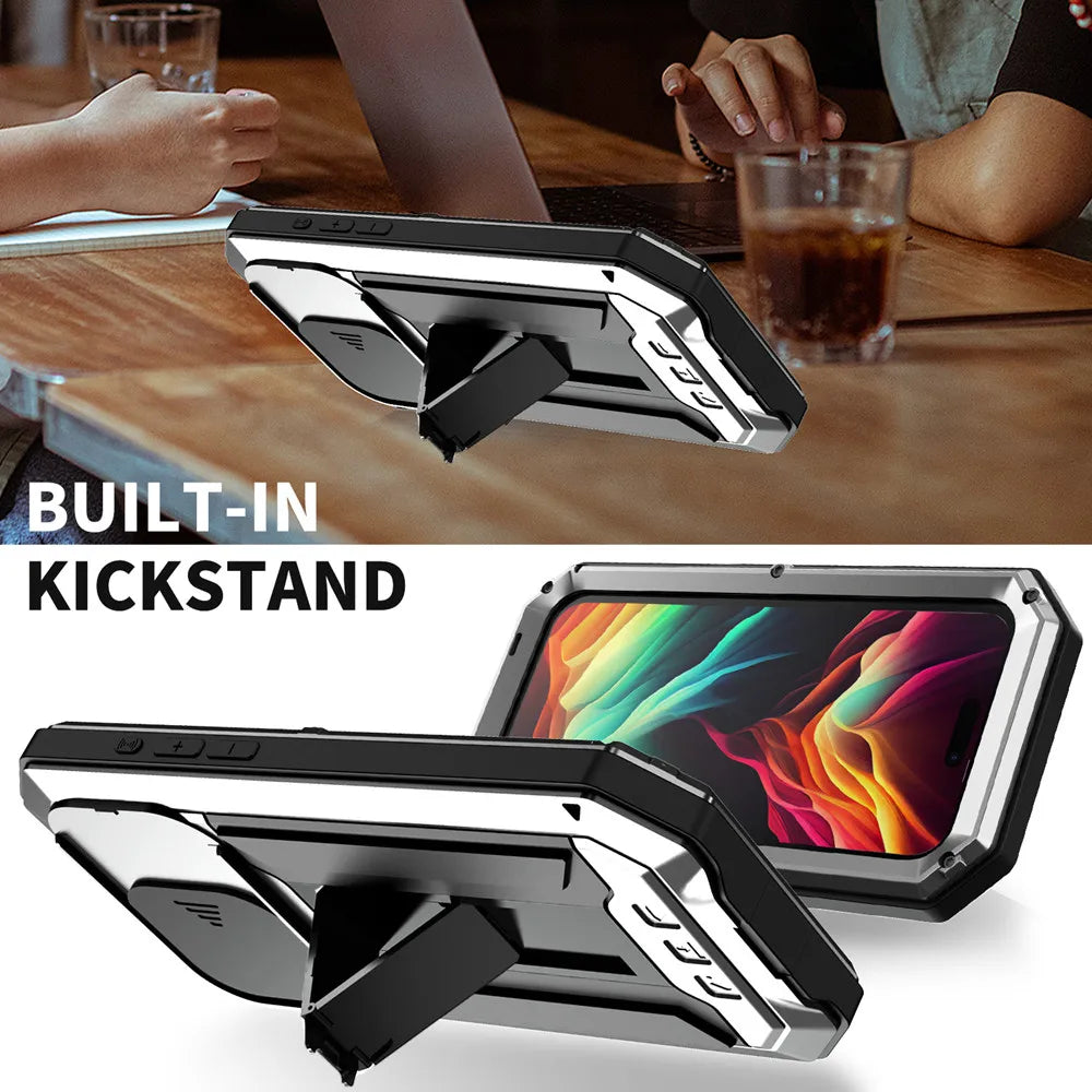 Heavy Duty Doom Cover Tempered Glass Armor Metal Case for iPhone 15 Series with Camera Lens Protection Cover