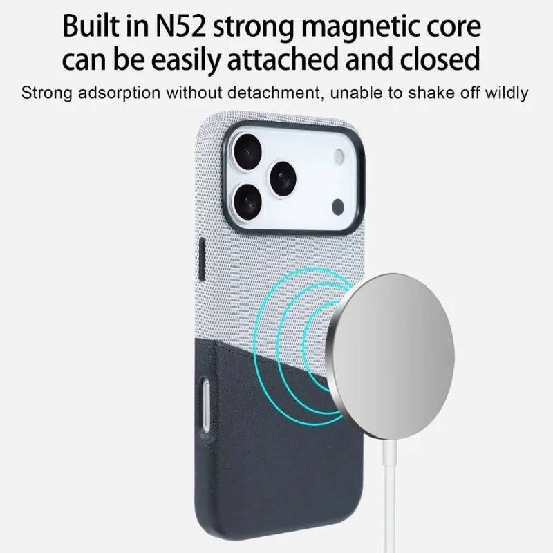 Premium Leather and Fabric Splicing MagSafe Case with Card Slots for iPhone 17 Series