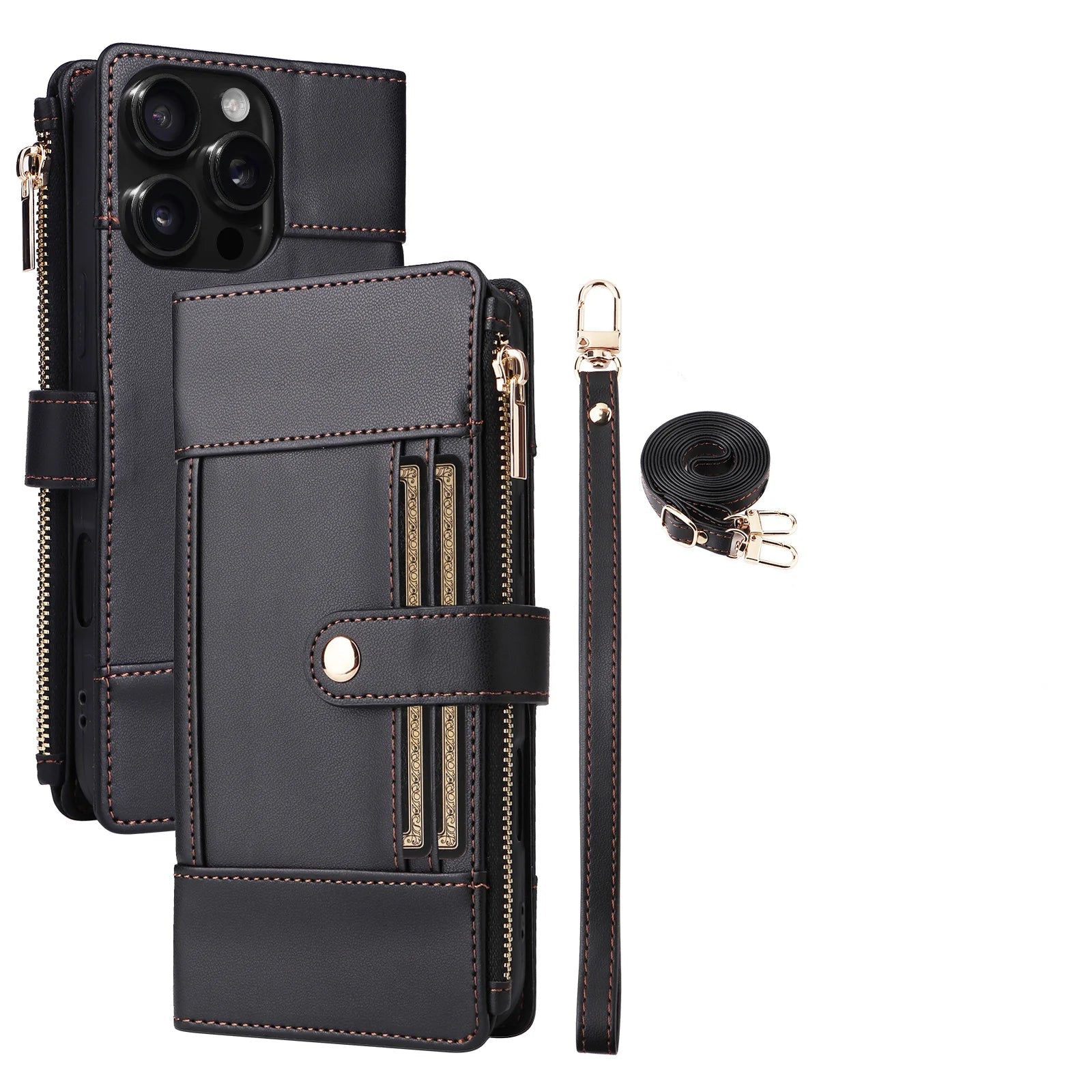 Crossbody Lanyard Wallet Case with Zipper & Card Holder for iPhone 15 Series