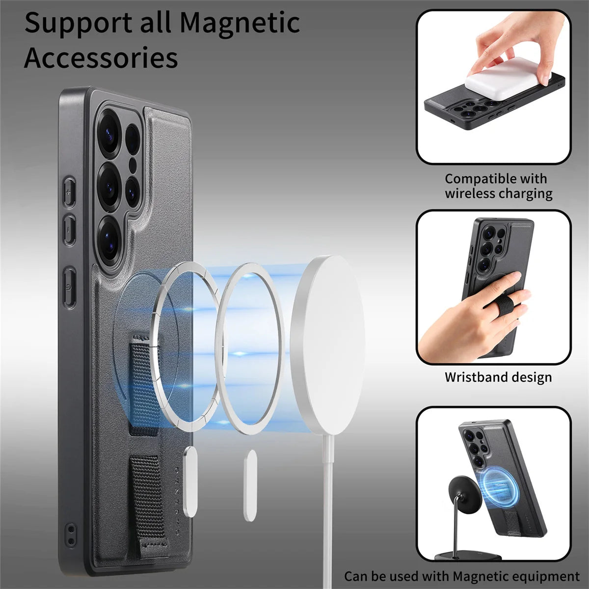 Samsung Galaxy S25 Series Magnetic Phone Case with Leather Wrist Strap