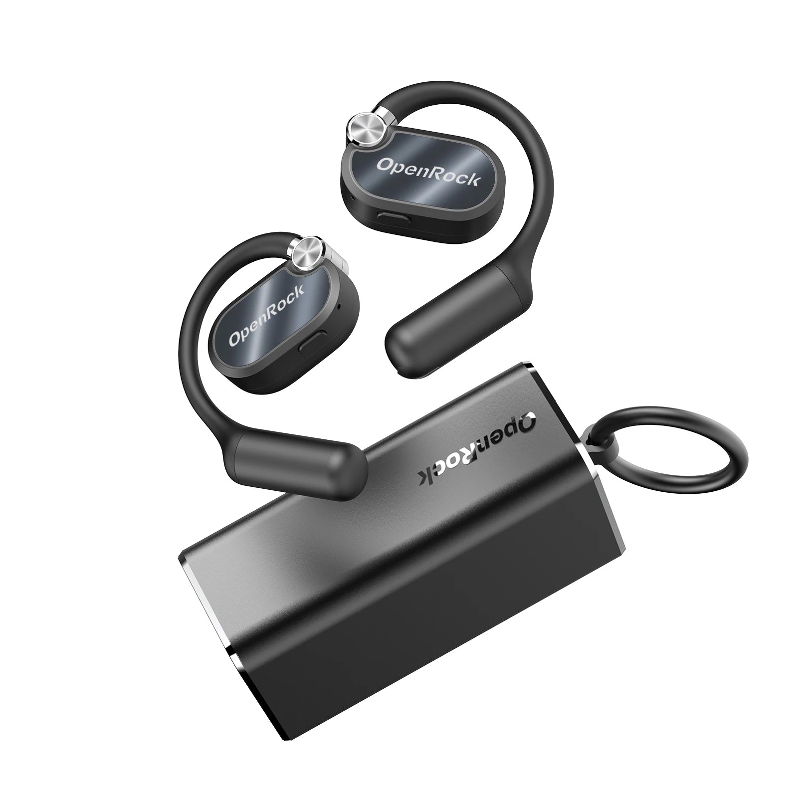 Black wireless earbuds with charging case on a white background, featuring the 'OpenRock' brand.
