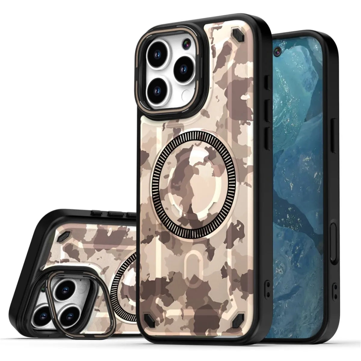iPhone 16 Series Military Camouflage MagSafe Case with Metal Lens Stand