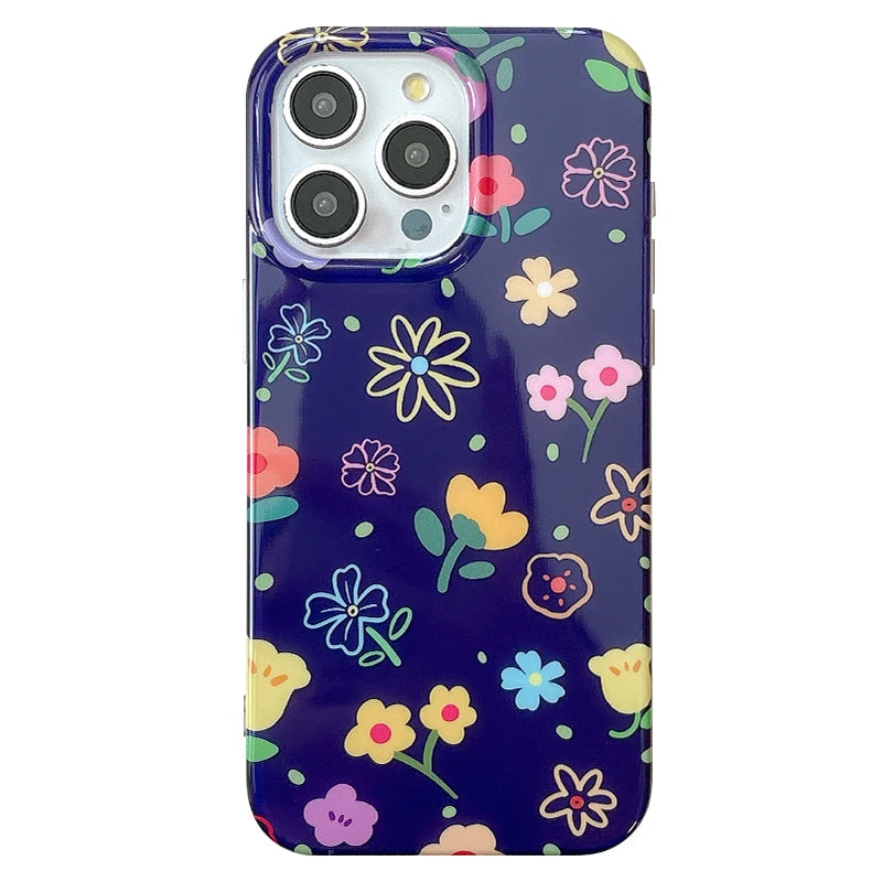 Elegant Colorful Floral Dark Blue Protective Phone Case for iPhone 16 Series