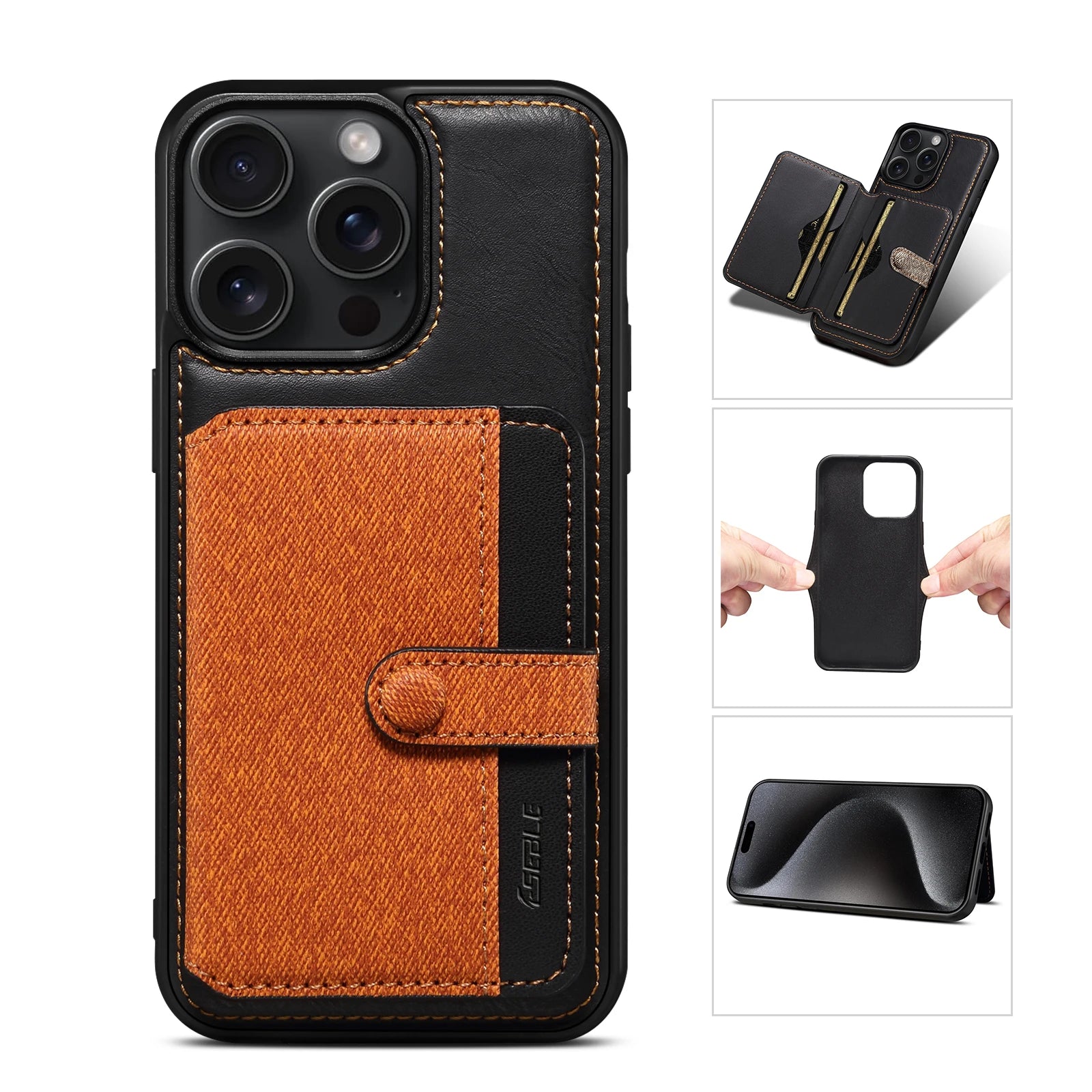 Luxury Leather Wallet Case with Card Slots and Bag Stand for iPhone 14 Series