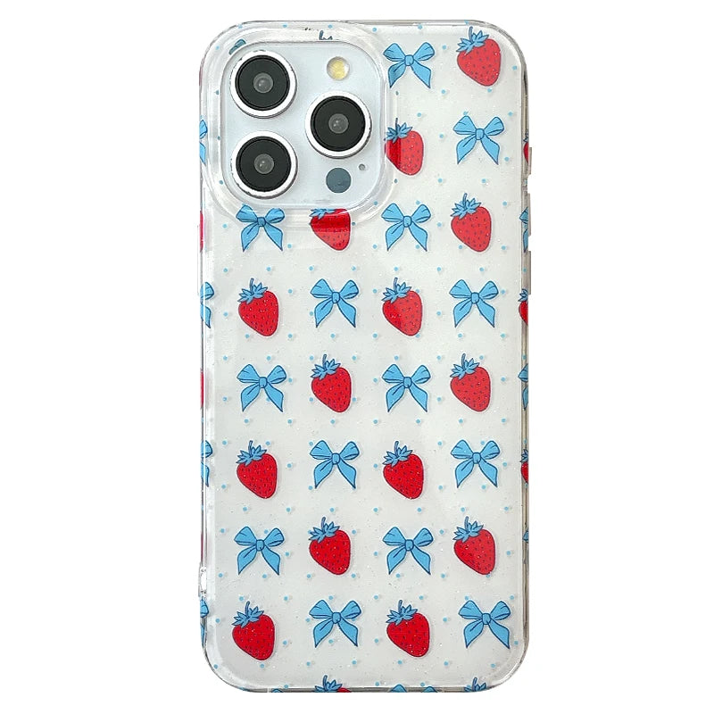 Sweet Bowknot and Strawberry Pattern Shockproof Phone Case for iPhone 16 Series