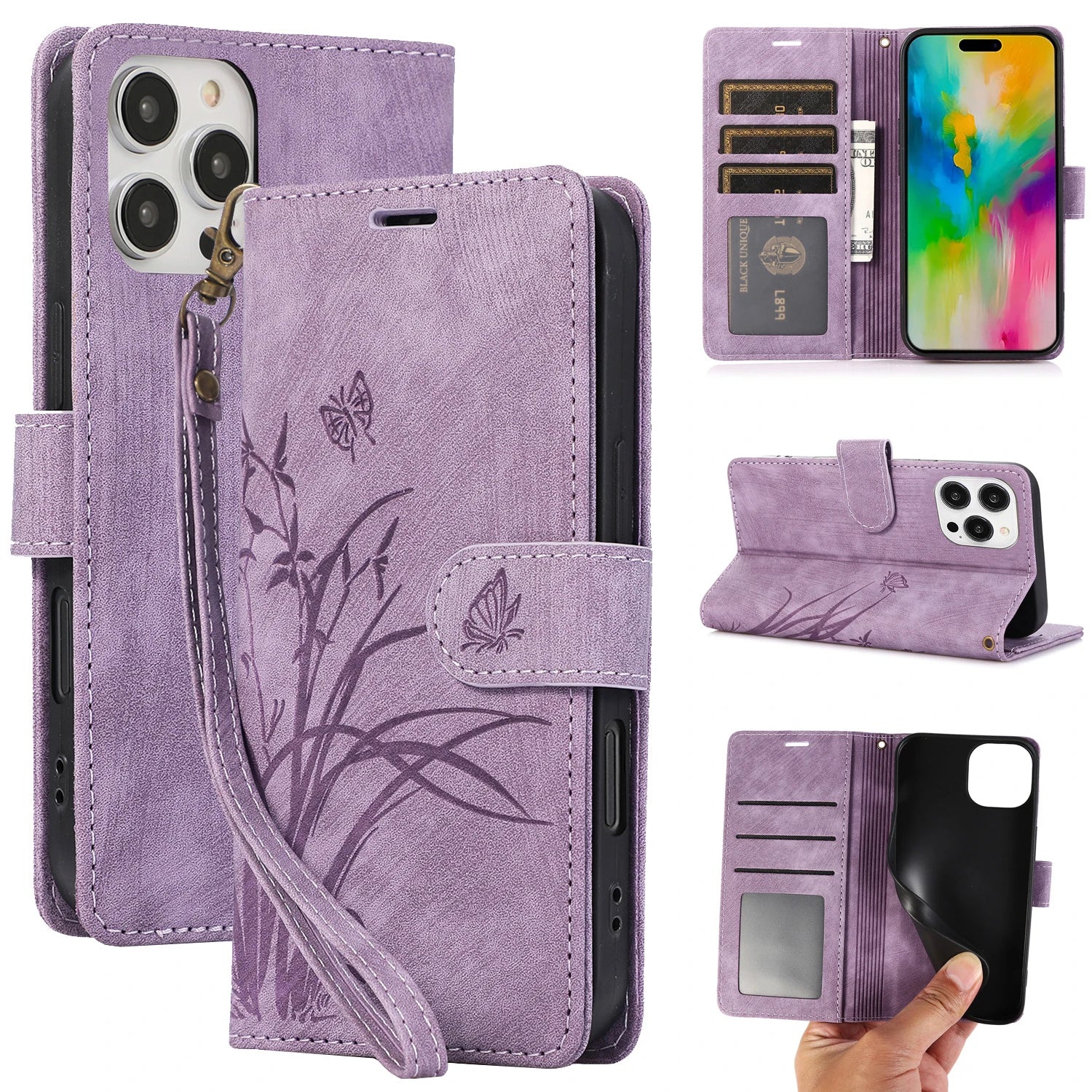 iPhone 15 Series Leather Wallet Case with Wrist Strap & Kickstand